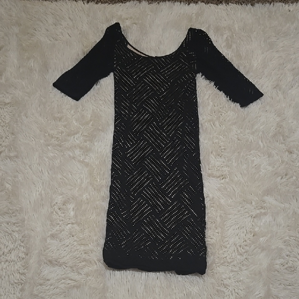 Chic Black Dress with Nude  Detailing